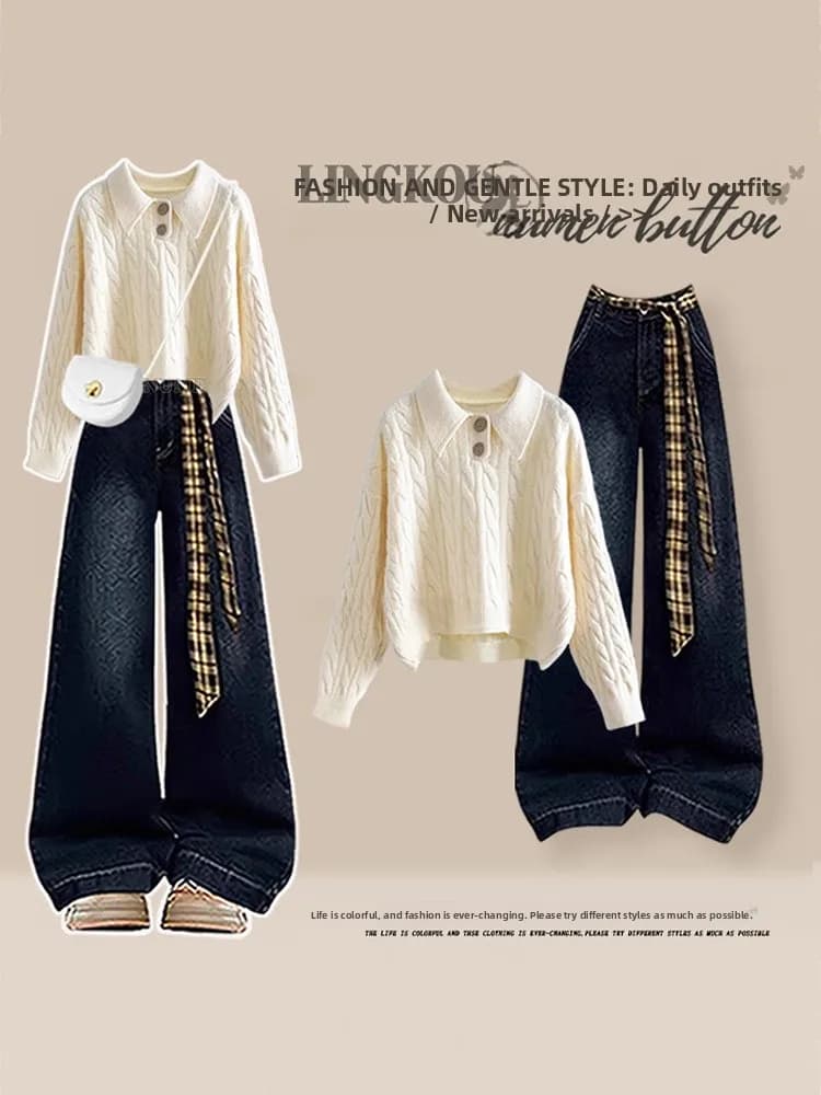 Korean Style Knitted Sweater And Wide Leg Jeans Two Piece Set for Women Autumn Season Slimming Effect Soft And Comfortable