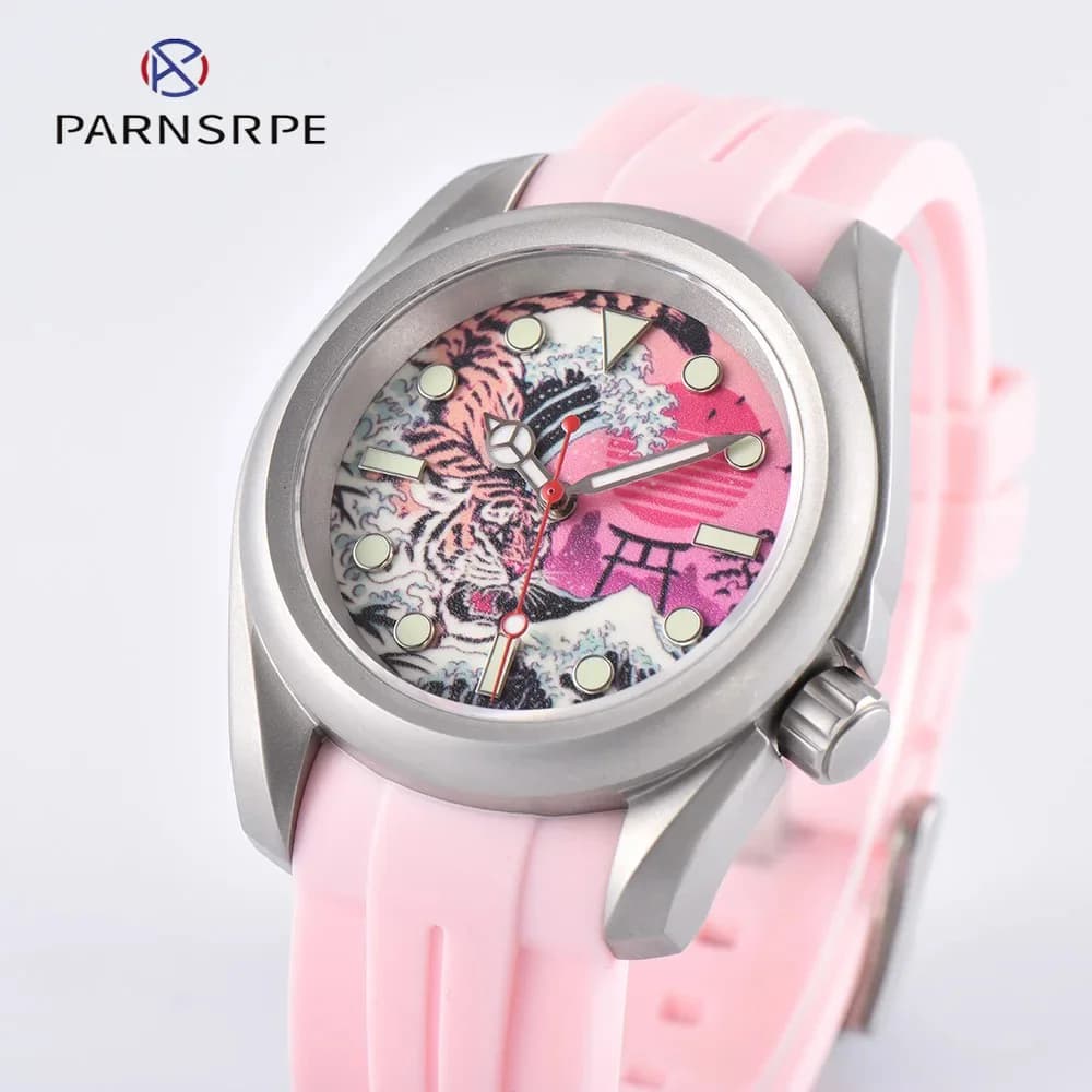 PARNSRPE 40mm automatic mechanical watch fashion watch for men and women NH35 automatic movement sapphire pink strap