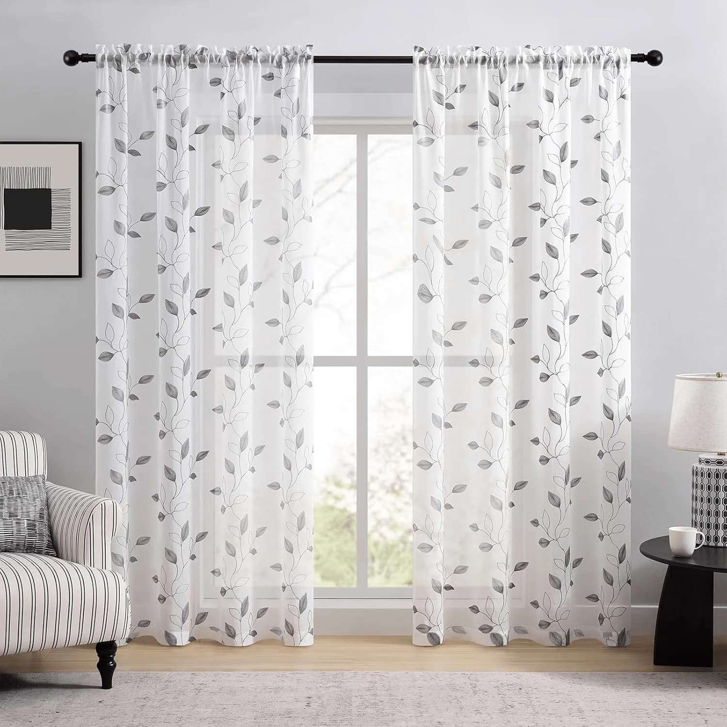 1/2 Pezzi di Tenda Sottile Semi-Trasparente con Motivo a Foglie, Adatta per Camera da Letto, Soggiorno, Balcone e Finestra a Bovindo