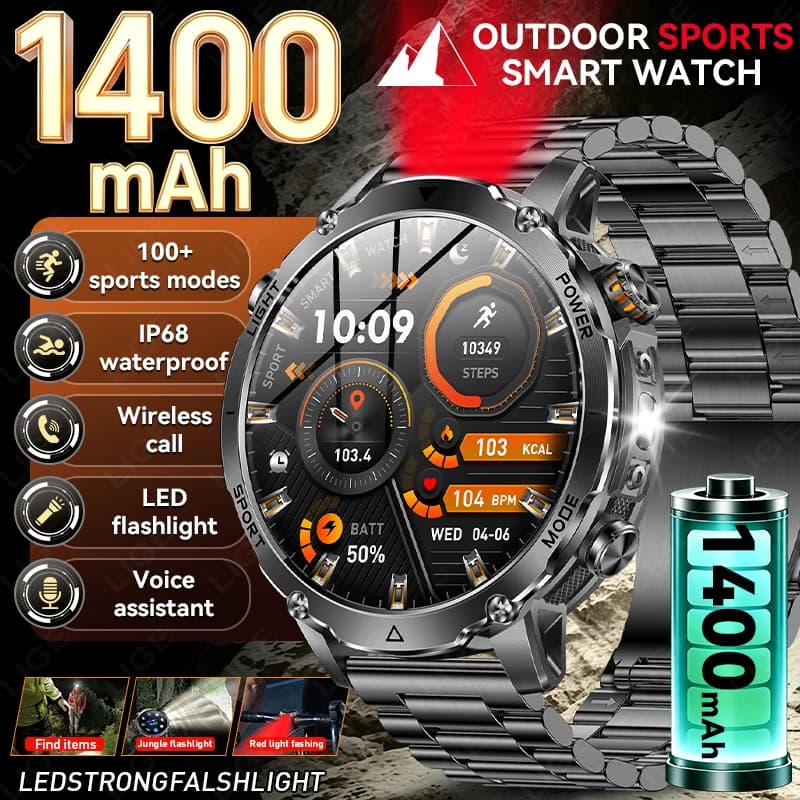 LIGE 2026 Military 1400mAh Battery Smart Watch Men Outdoor Sports Flashlight IP68 Waterproof Heart Rate Bluetooth Call Bracelet