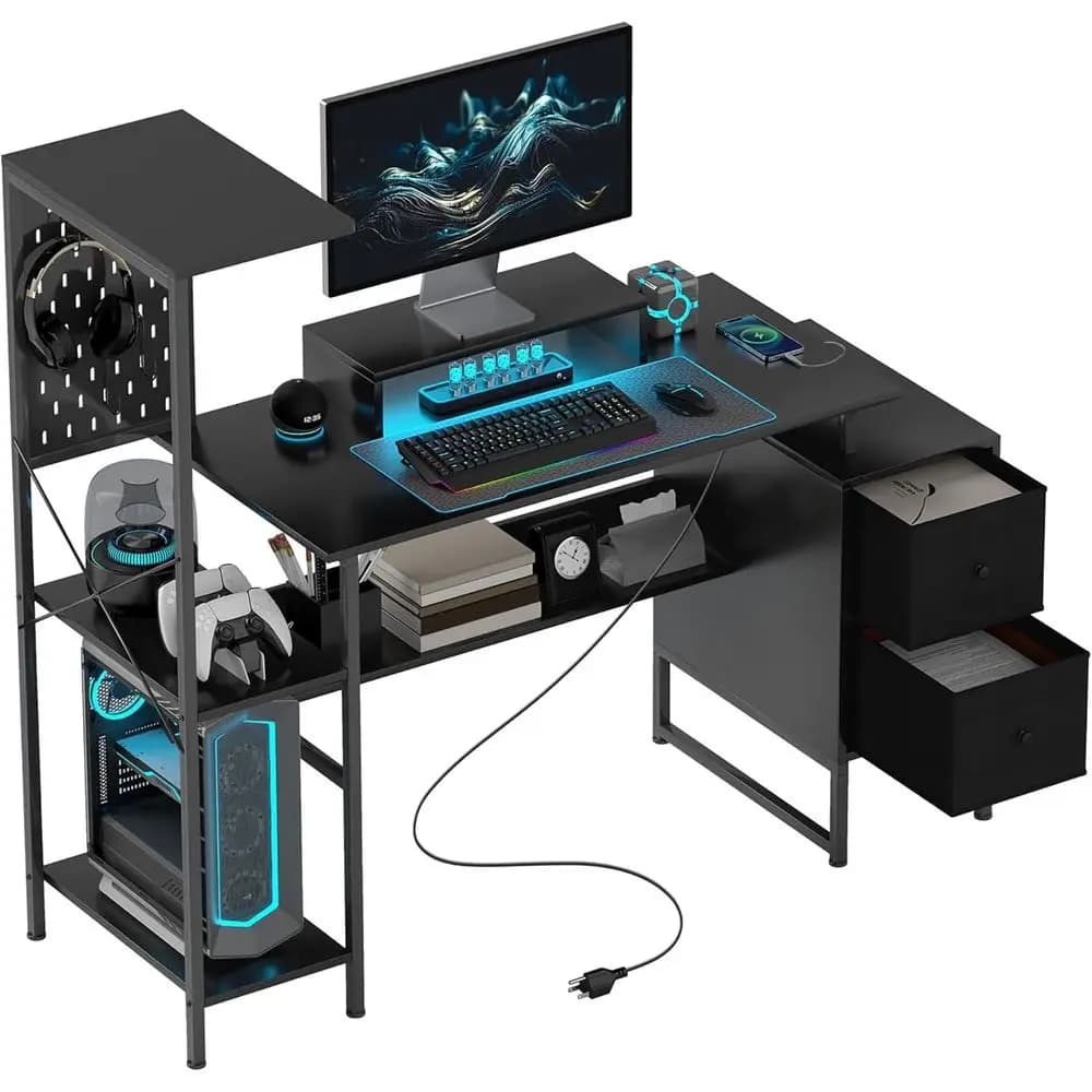 Scrivania da gaming 56 con supporto per monitor, luci LED, ripiani portaoggetti e prese di corrente, nera