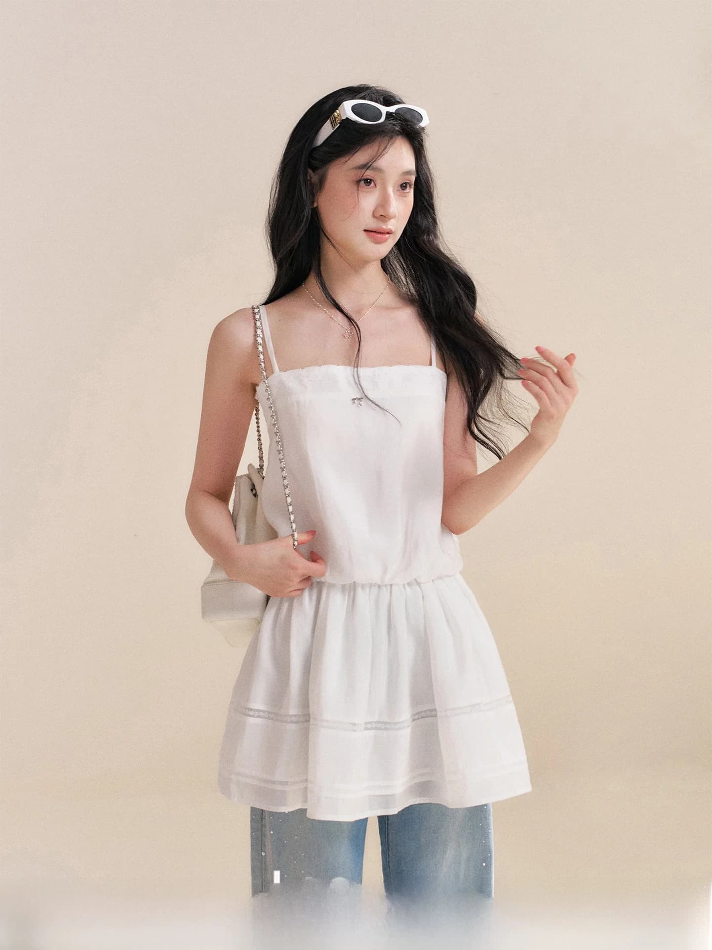 Abito Chen Yao Kroche 26ss in Morbido Lyocell con Pizzo e Patchwork, Collo Quadrato, Vita Stretta, Senza Spalline, Stile Elegante e Semplice, Gonna a Trapezio