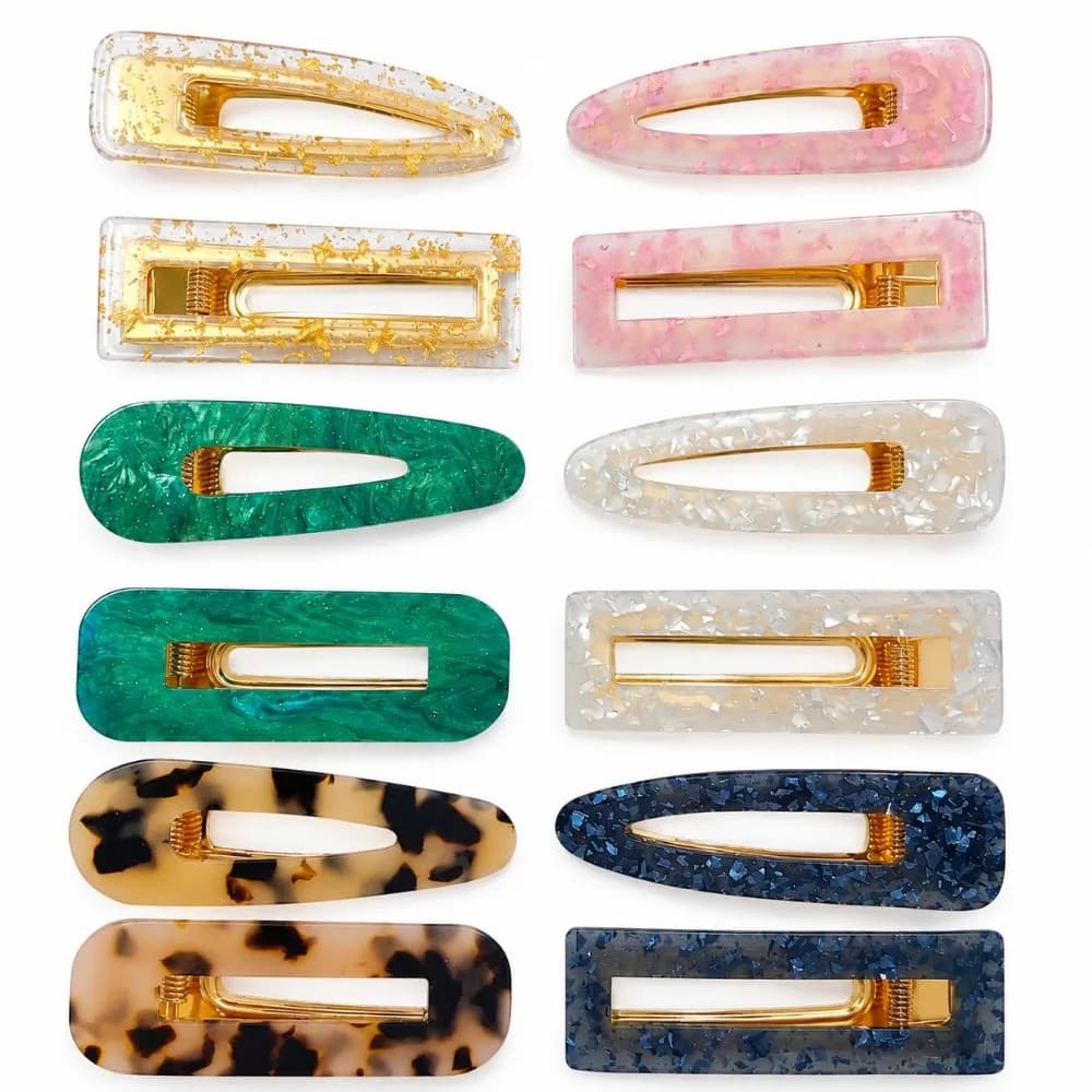 12 Pieces Acrylic Resin Marble Hair Clips Barrettes for Women Girls Medium Size Rectangle Teardrop Side Hair Clips with Metal Clip for Daily Styling Hair Accessories