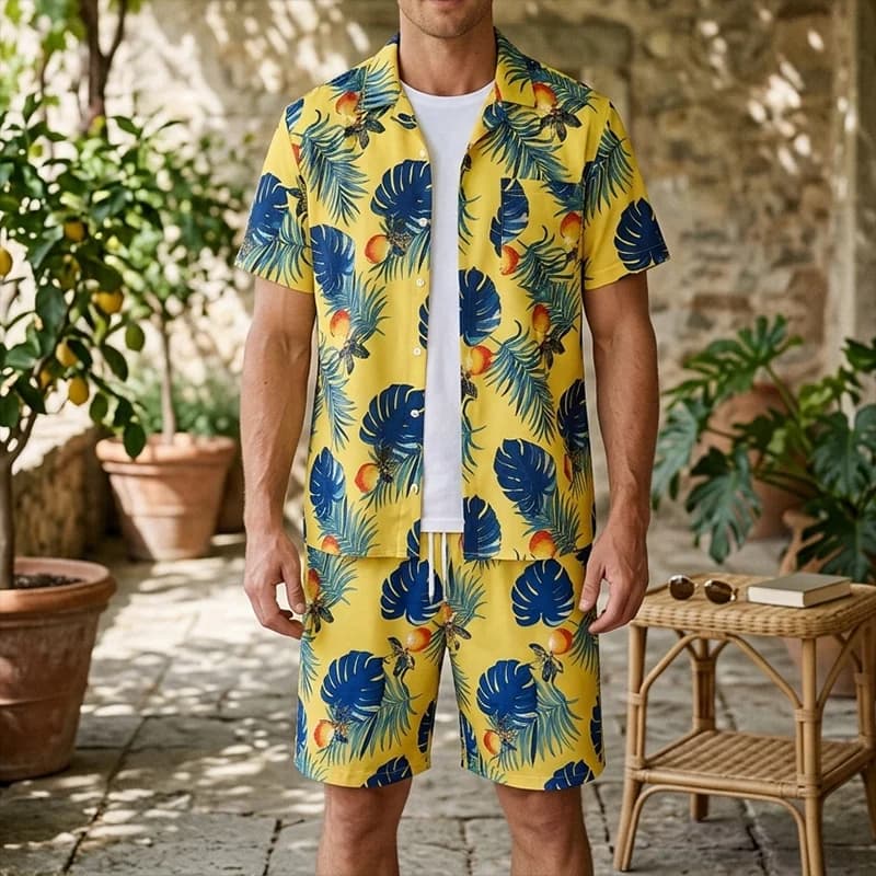 Completo Set Estivo da Uomo: Camicia Hawaiana con Risvolto e Pantaloncini Corti - Abbigliamento Unisex a Maniche Corte per Feste e Spiaggia