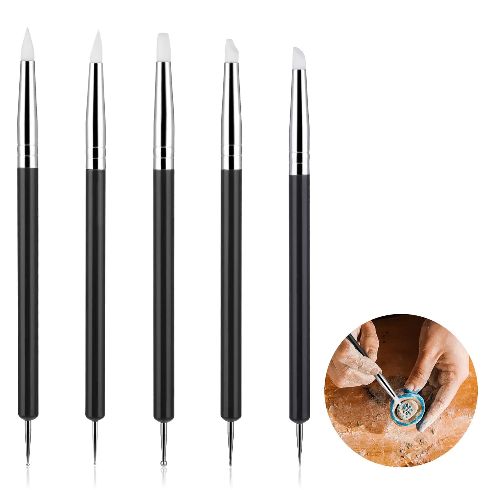 5-Piece Clay Sculpting Tool Set, Silicone Rubber Tip Brushes and Dotting Tools for Polymer Clay Modelling, Carving, and Painting