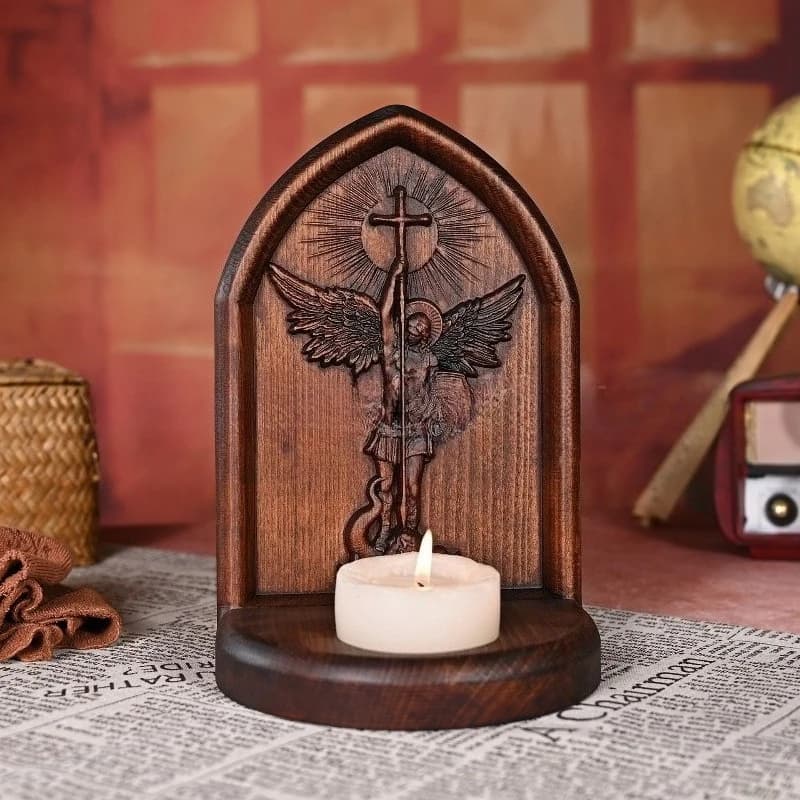 Solid Wood Carved Craft: Archangel Michael Candle Holder, Home Decor, Table Ornament