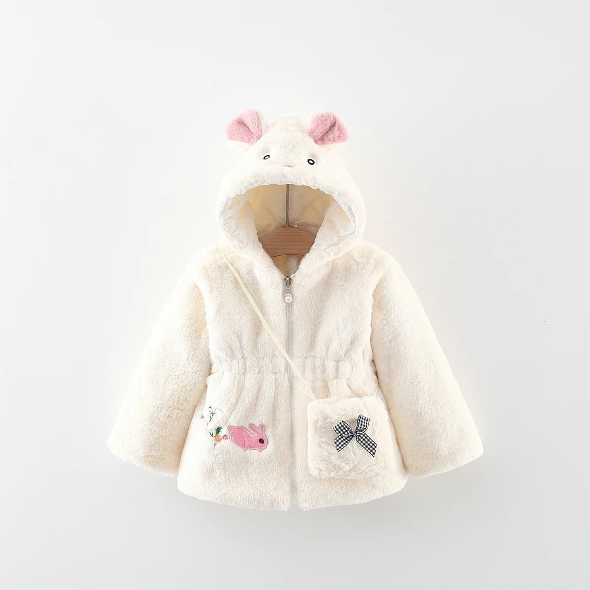 Cappotto con cappuccio in maglione di lana nuovo autunno e inverno per ragazze Borsa piccola regalo in cotone con clip per ricamo coniglio cartone animato per bambini
