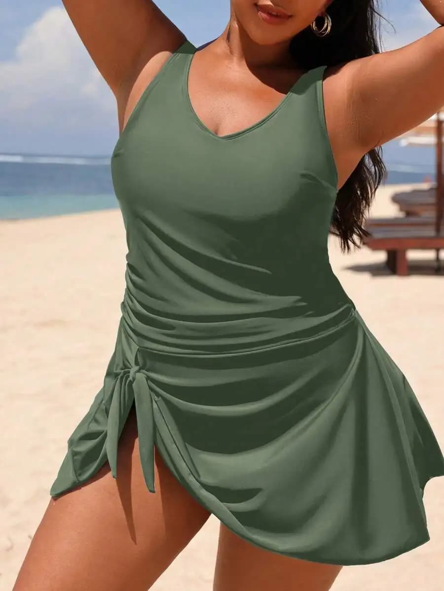 Costume intero verde oliva taglie forti con dettaglio nodo laterale per l'estate in spiaggia