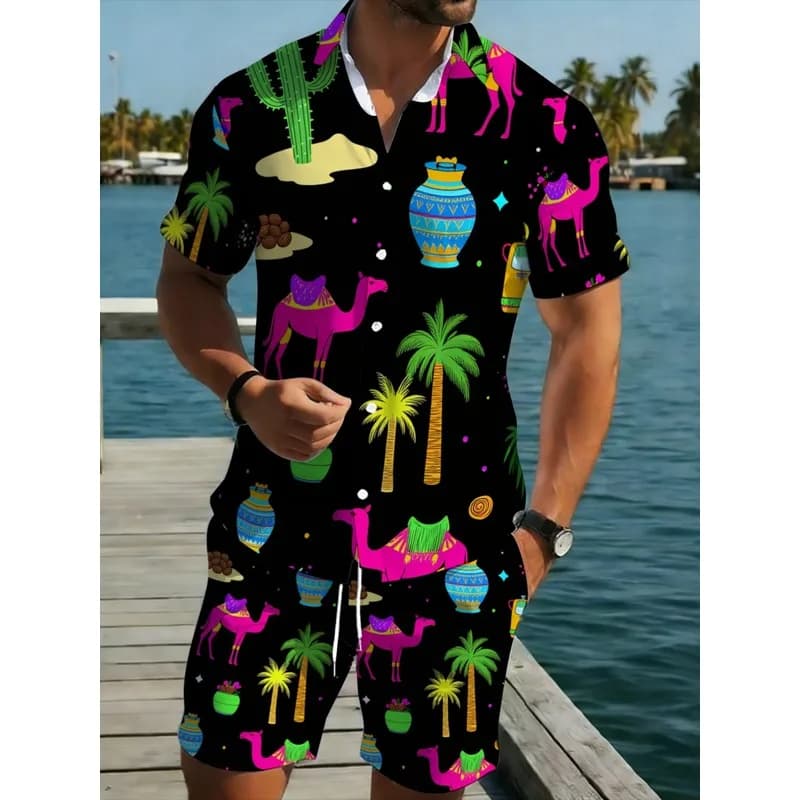 Men's Polyester Short Sleeve Shirt & Shorts Set Camel Palm Tree Print Lightweight Durable Beach Party Casual Outfit