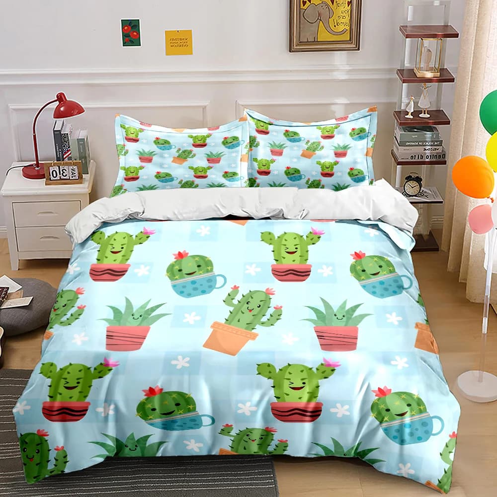 Set di biancheria da letto con stampa di cactus in vaso in stile cartone animato, diverse misure, 1 copripiumino e 2 federe per adulti e bambini, regalo di lusso, misura completa