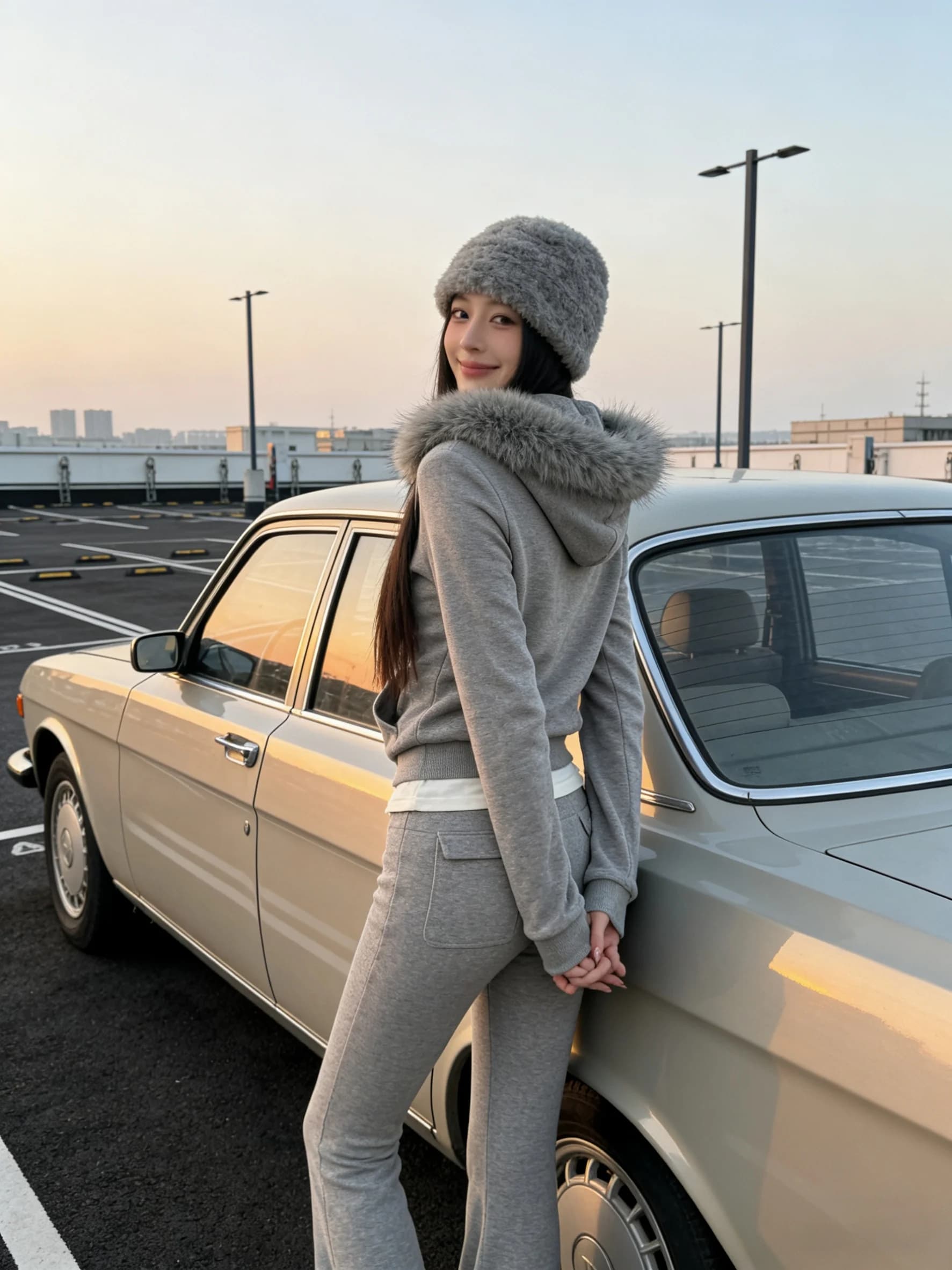 Set da donna casual slim fit con collo in pelliccia, felpa con cappuccio e pantaloni a campana, abito a due pezzi autunno inverno a vita alta