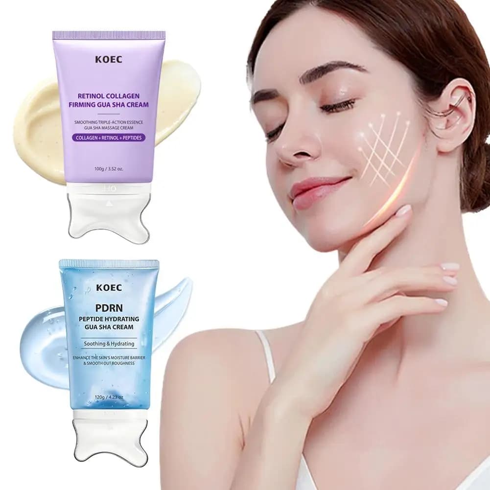 KOEC Dual Types Gua Sha Massage Cream With Massager Roller Retinol Collagen Firming Lifting PDRN Hydrating Smoothing Neck Face