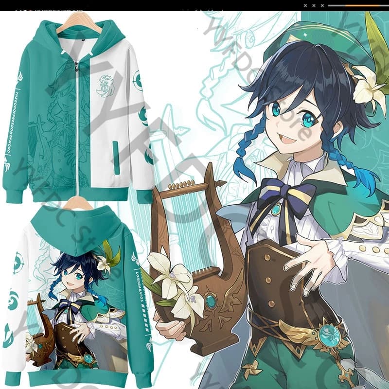 Felpe con cappuccio Genshin Impact 3D Cartoon Venti Cosplay felpa con cappuccio uomo donna Harajuku felpe con cerniera moda Casual felpa giacca cappotto