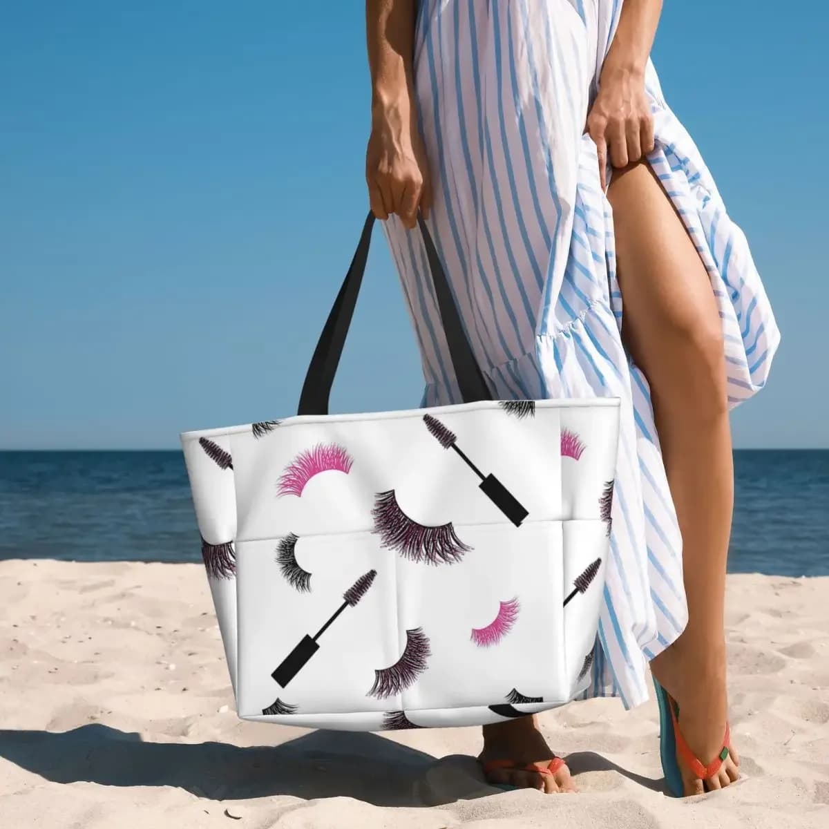 Lashes And Mascara With Pink Glitter Pattern Beach Tote Bag Sport Gym Yoga Duffle Large Tote Bag Women Travel Bag Fitness bag