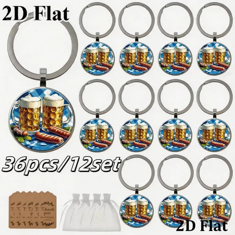 6/12/20 Sets Oktoberfest Beer Mug Sausage Print Round Zinc Alloy Keychain W/ Thanks Card & Mesh Bag Key Organizer Accessory