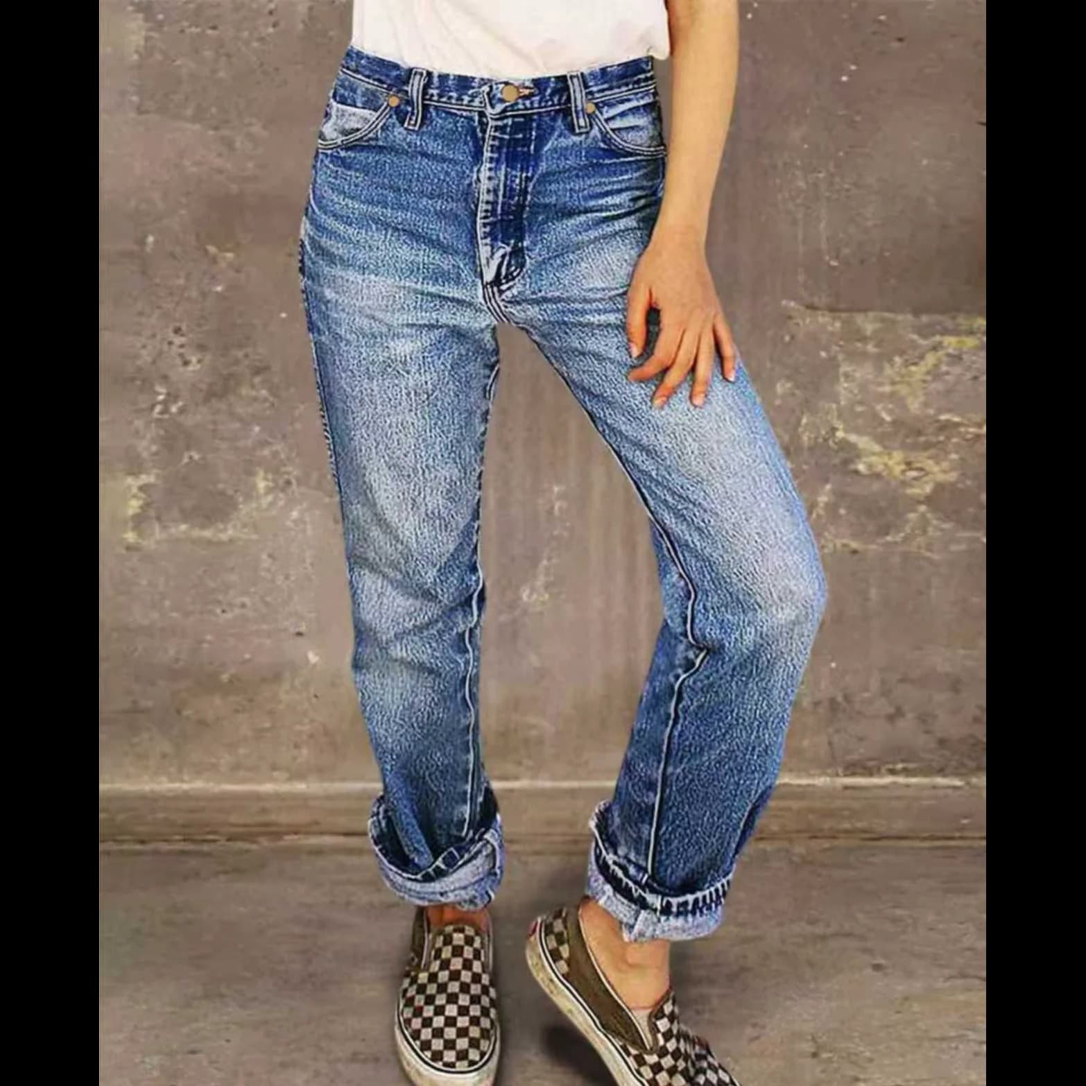 Jeans Casual da Donna Taglie Forti a Vita Alta, Gamba Dritta, con Risvolto, in Denim Elasticizzato, Design Semplice e alla Moda