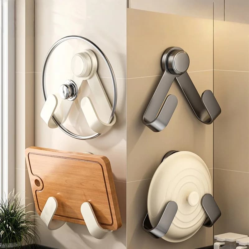 No Drill Suction Pot Lid Holder 360° Rotating Kitchen Storage Rack Foldable Wall Mount Organizer for Cutting Boards & Pans