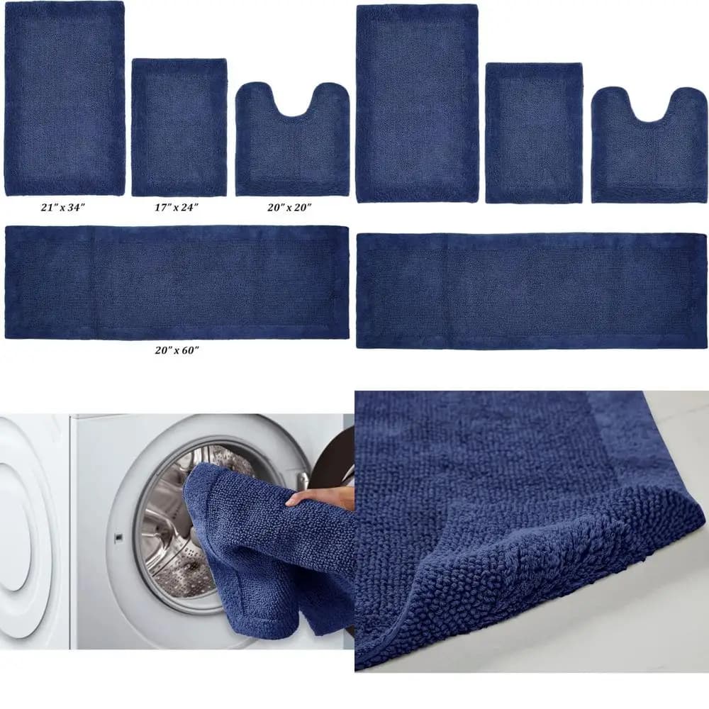 Set di Tappetini da Bagno Reversibili in Cotone, Ultra Morbidi e Confortevoli, Lavabili e ad Asciugatura Rapida, Collezione Tappetini da Bagno con Bordo Blu Navy