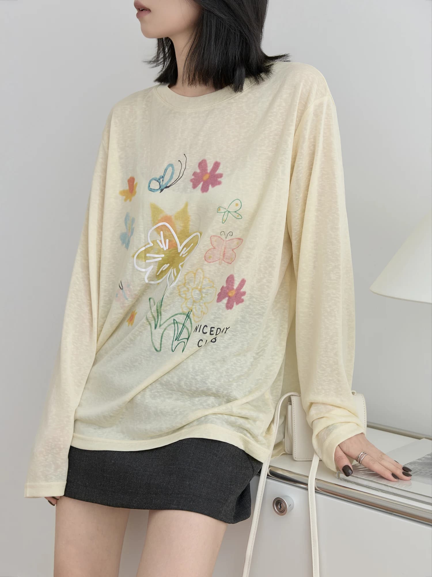 Summer Loose Long Sleeve T-Shirt Women's Painted Print Lightweight Draped Sunshade Top Pattern Plant Floral Design