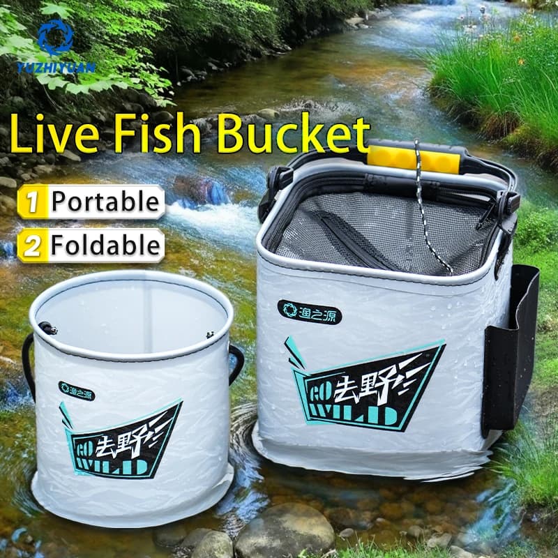 Fishing bucket with folding bait 2 in 1: portable bucket for living wells and baits, container for leak-proof fish, quick release entry