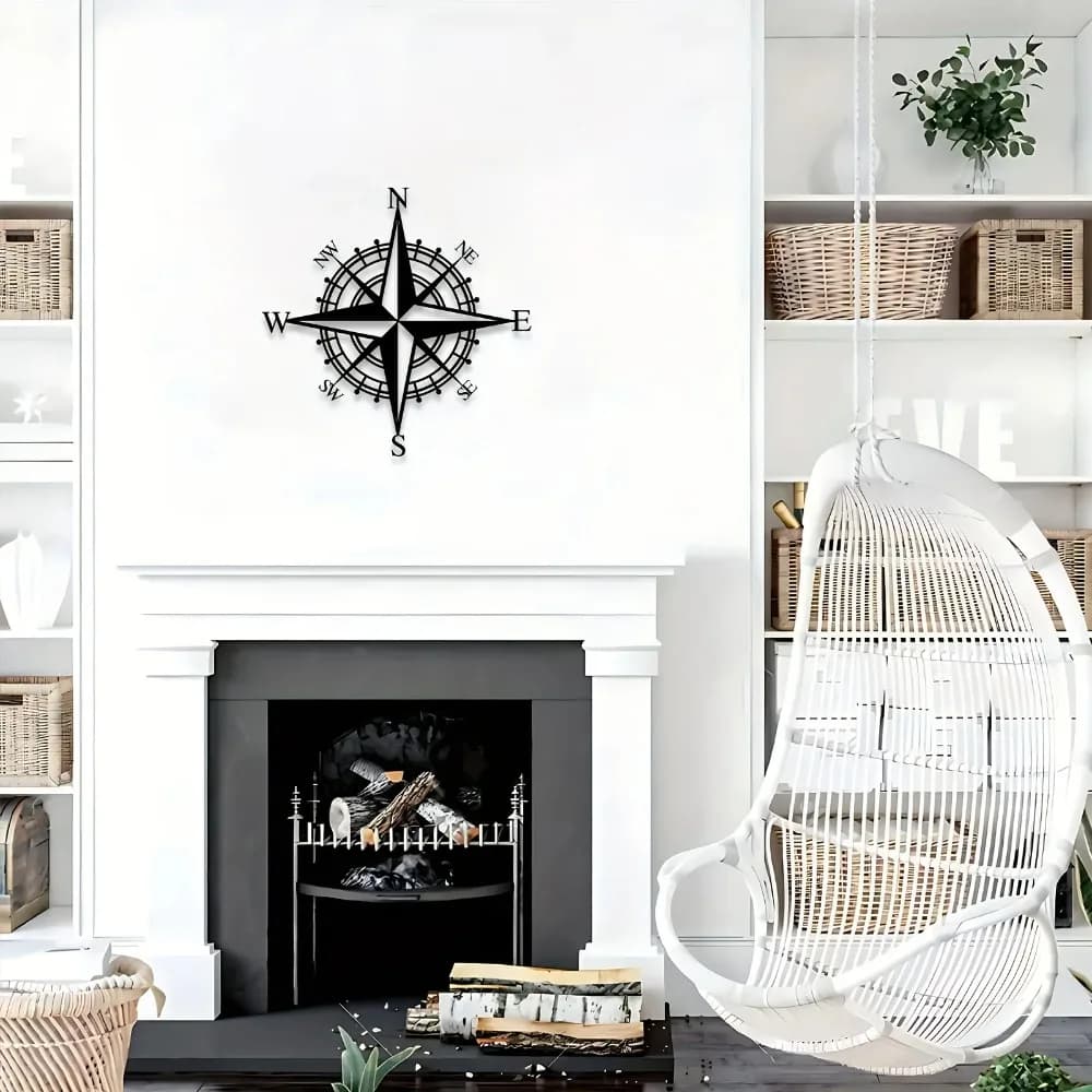 Metal Compass Wall Art for Living Room, Nautical Iron Home Decor, Pirate Ship Wheel Outdoor Garden Decoration, Farmhouse Bedroom