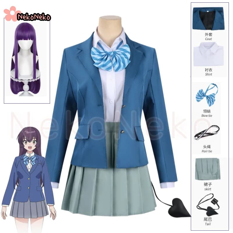 2026 New Anime Koketsu Kanan Cosplay Costume Wig Woman Blue School Uniform Coat Shirt Bow Tie Tail Skirt Set