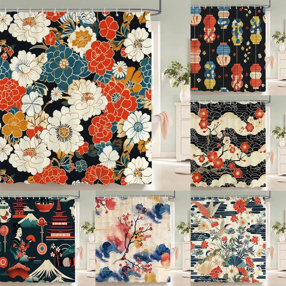 Tende da doccia per la casa per il bagno Tende da bagno in tessuto impermeabile in stile fiore giapponese con tenda decorativa con ganci