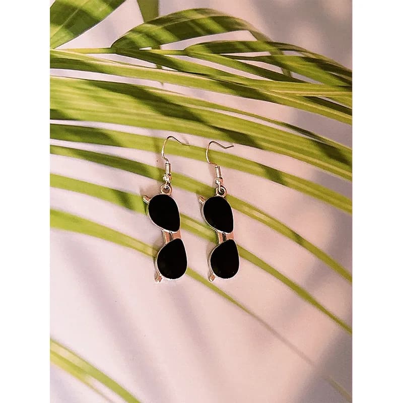 Mini Black Sunglasses Dangle Hook Earrings, Silver Metal Tiny Aviator Drop Earrings, Fun Cool Vacation Beach Jewelry for Women Daily Party