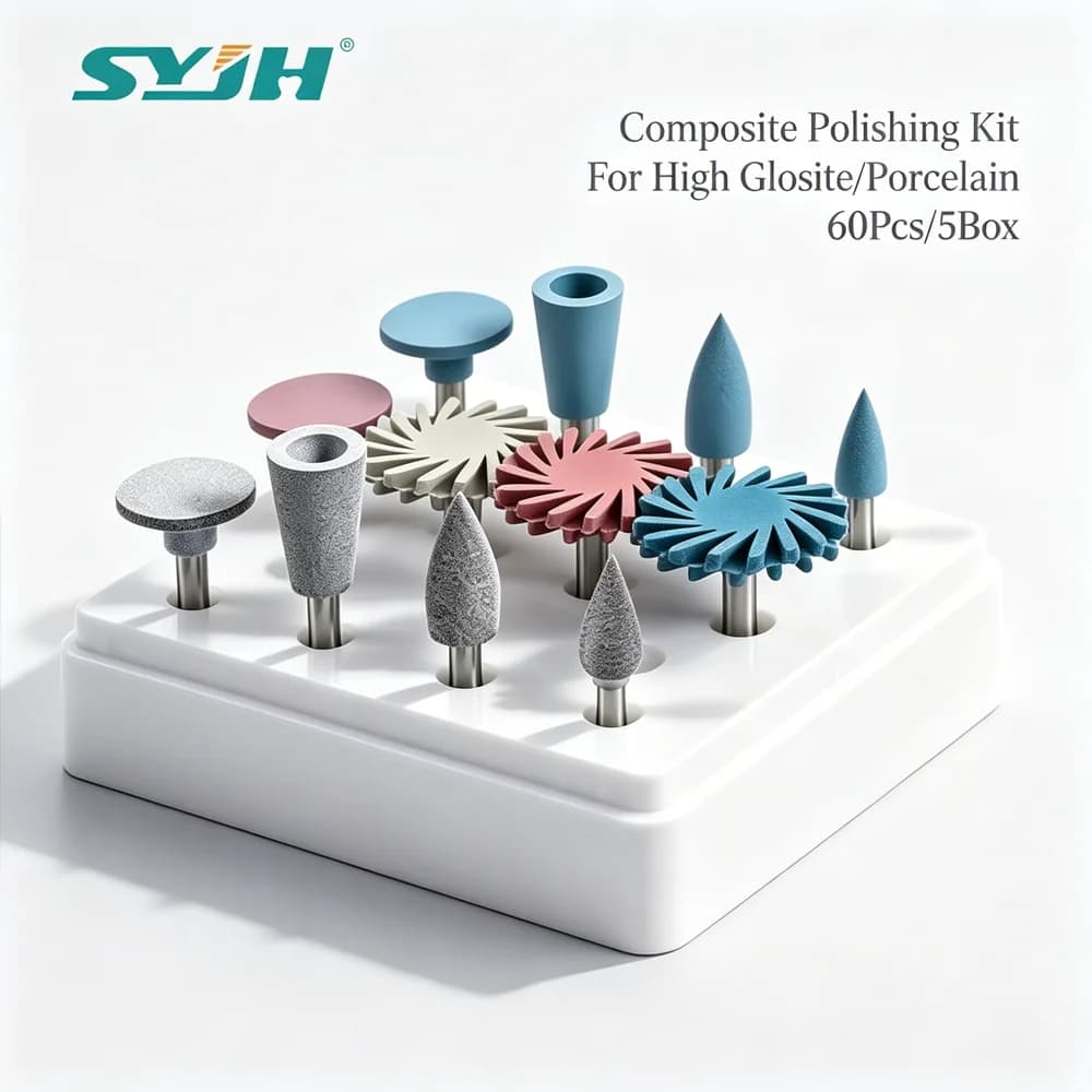 SYJH Kit Lucidatura Compositi Dentali 60 Pezzi, Manipolo a Bassa Velocità RA 2.35mm, Lucidatore in Silicone per Sbiancamento Denti, Consumabili Dentali