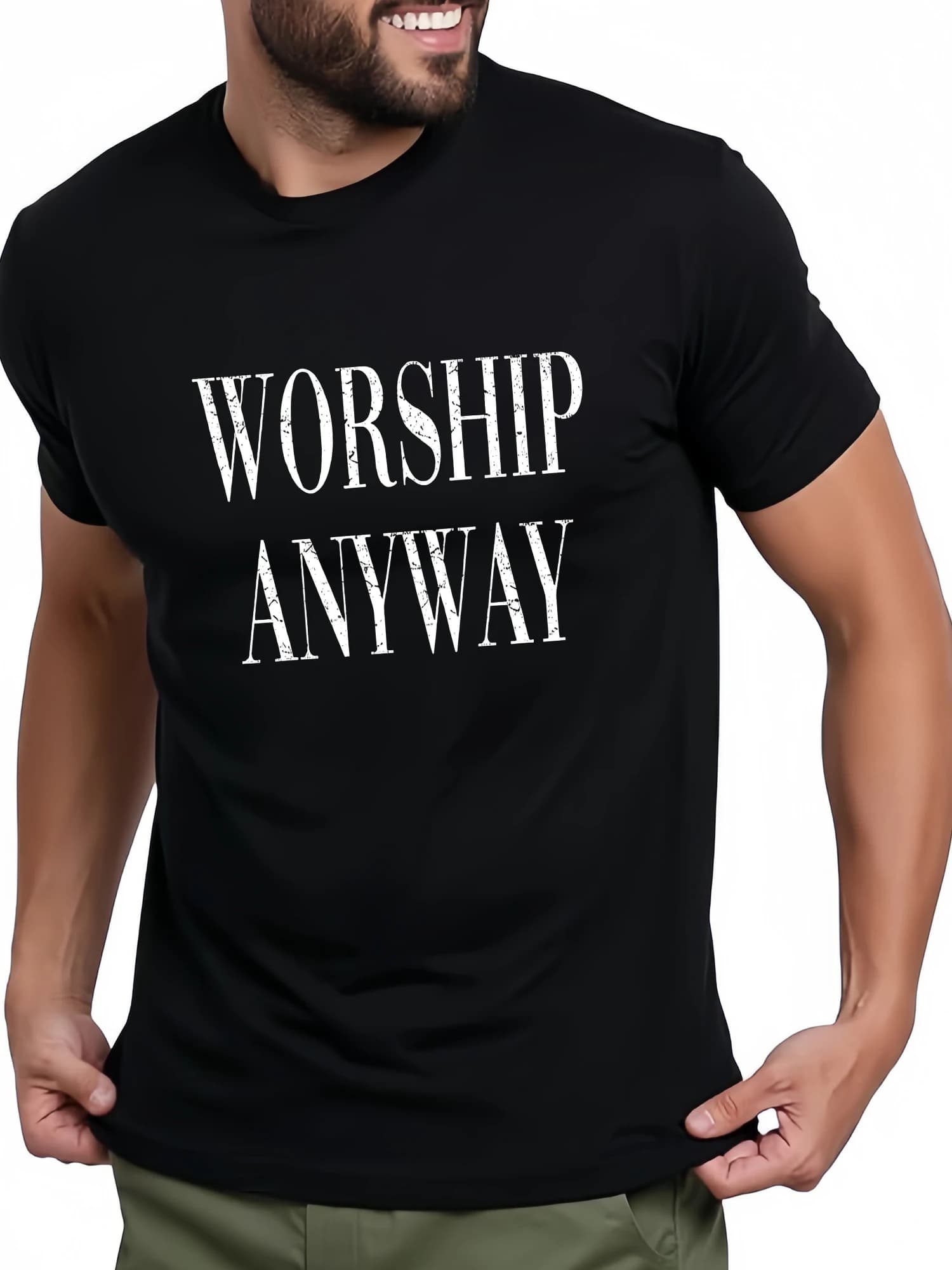 Worship Anyway Vintage Distressed Black Short-Sleeved Men's Basic Round-Neck Casual T-Shirt KT20112