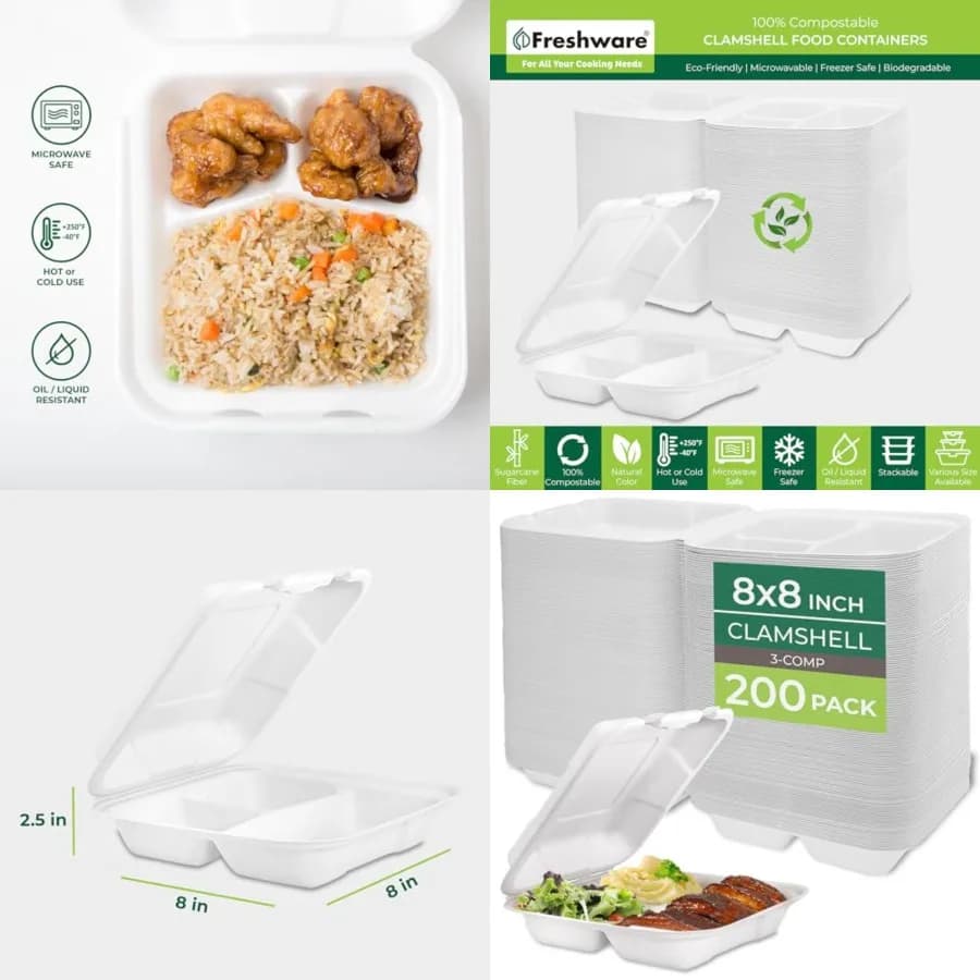 Contenitori per Alimenti a Conchiglia con Coperchio, 3 Scomparti, Confezione da 200 Pezzi, ss T trs, r Sur T s - r trs - rwv rzr S, St