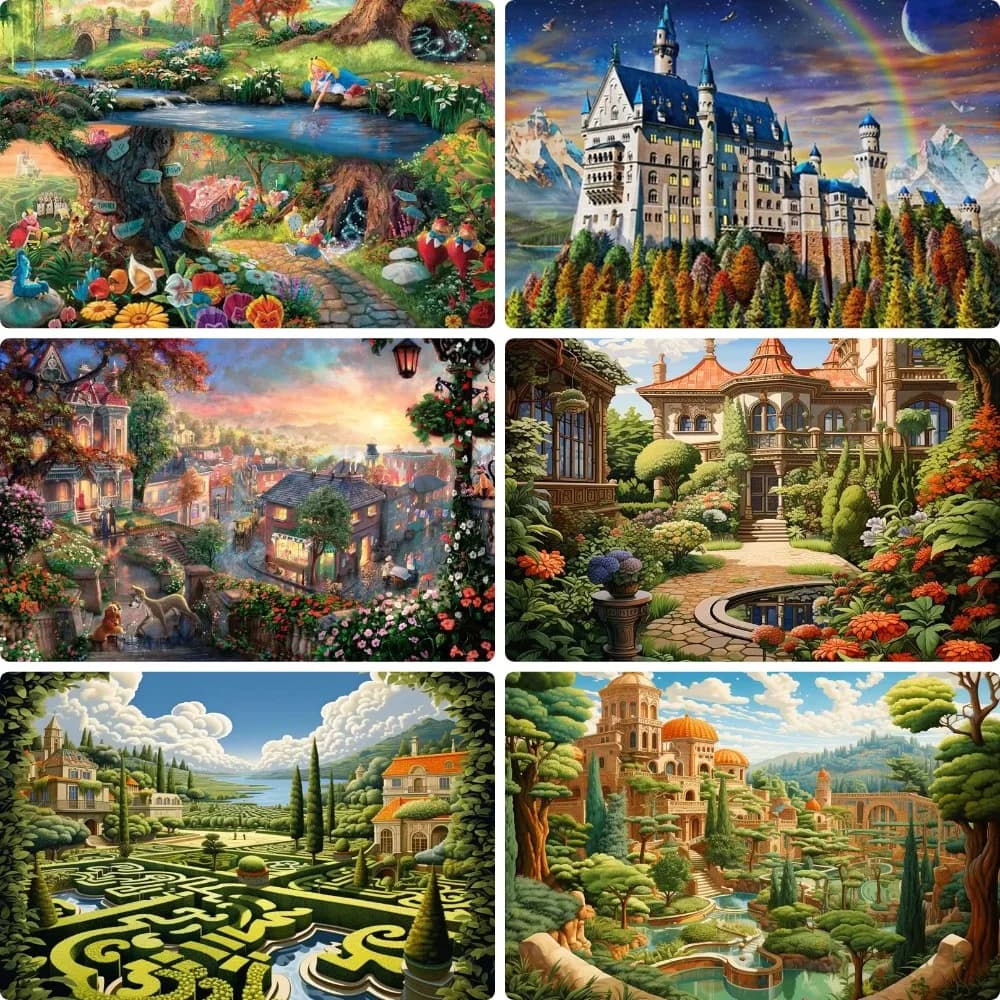 DIY Fairy Tale Fantasy Town Diamond Painting, Magic Forest Castle European Garden Maze Village Landscape Wall Decor Gift