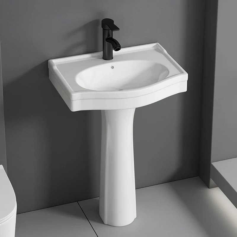 Small apartment bathroom hotel project balcony with a pillar-mounted wall-mounted ceramic basin featuring a smart mirror