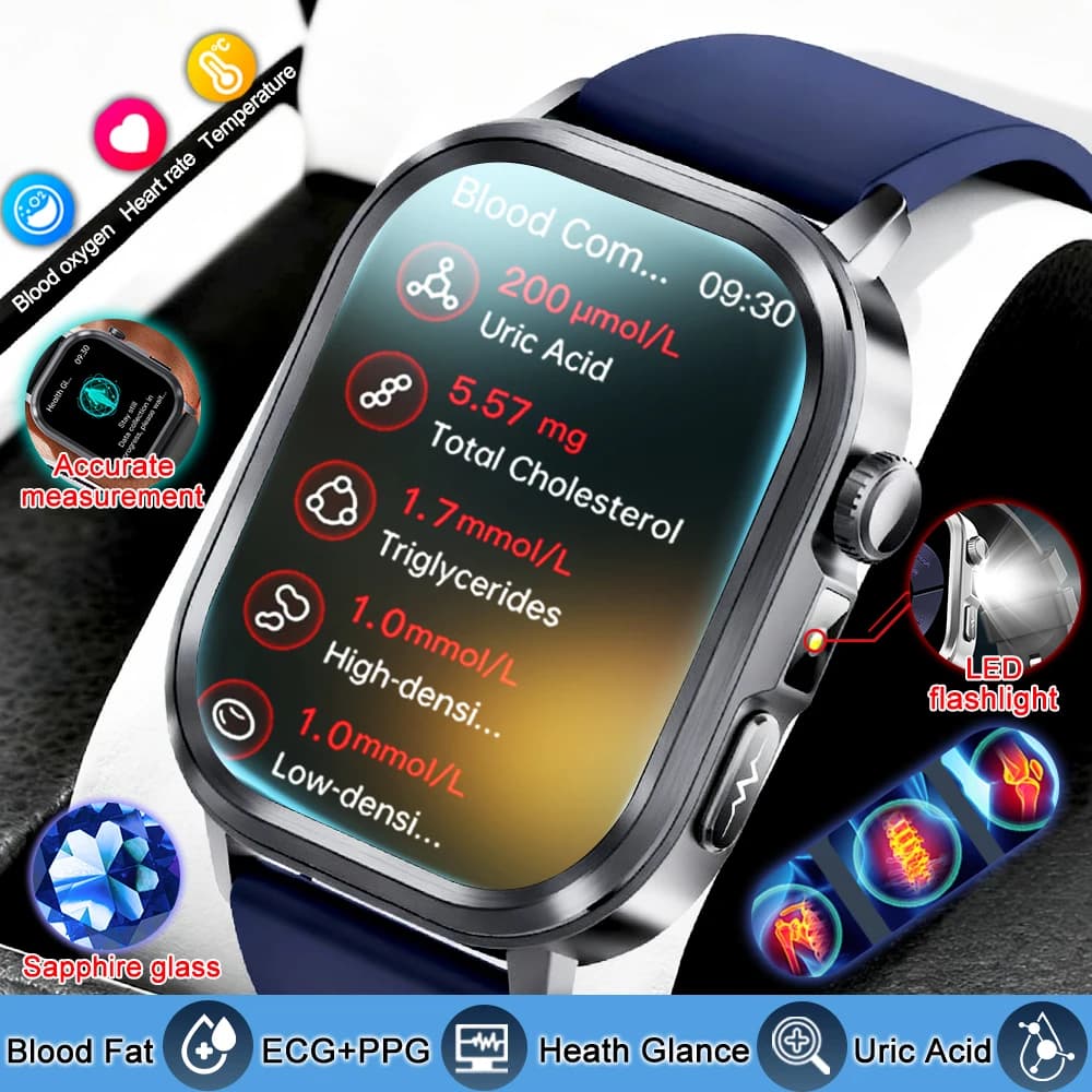 2025 New ECG + PPG Women's Watch Human Acid uric Blood Pressure Oxygen Body analysis Body fat Called BT LED Flashlight Smartwatch