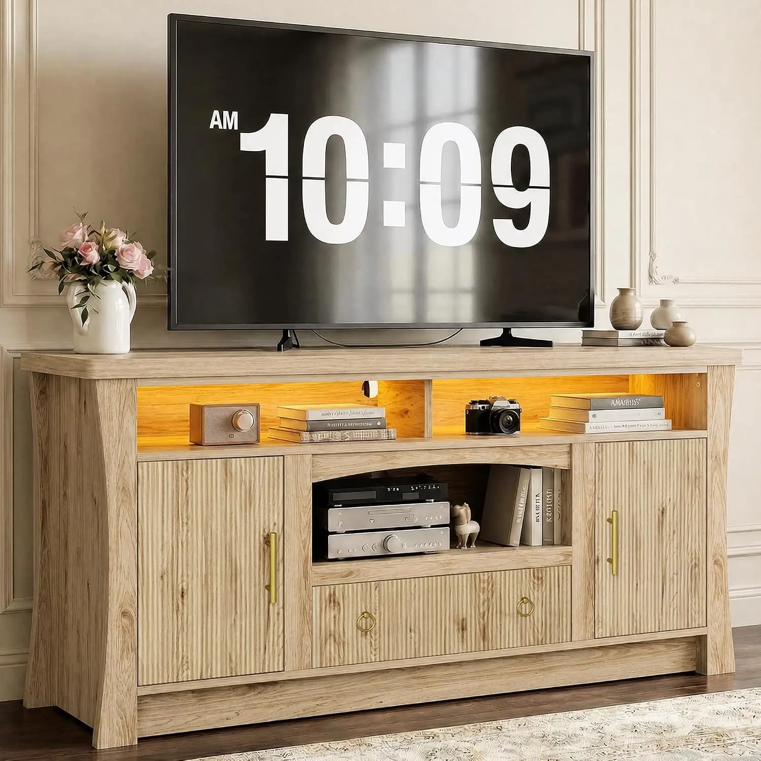 TV Stand 65 Inch Entertainment Center Power Outlet Storage Cabinet Drawer LED Remote APP Control Cable Management MDF Easy Setup
