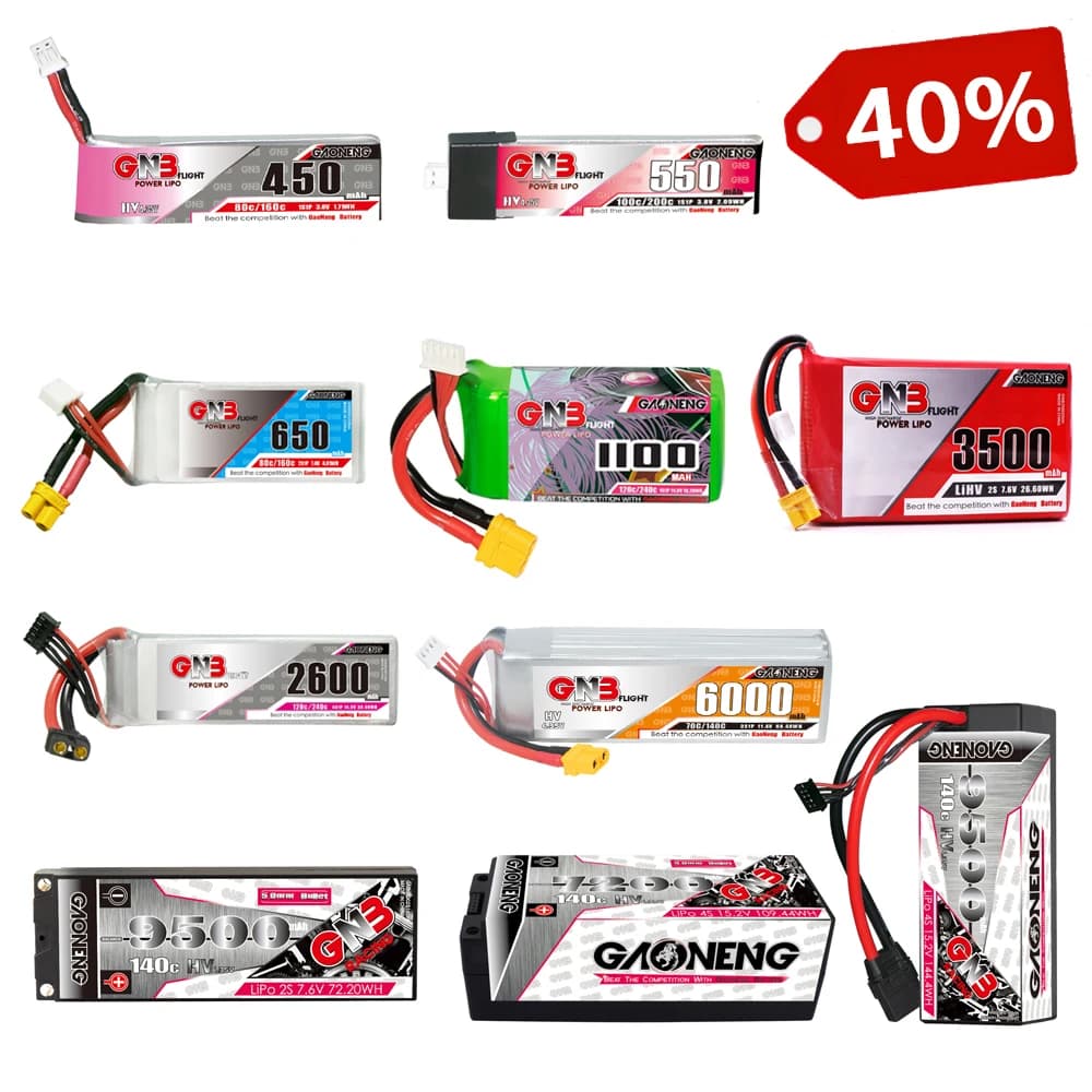 Batteria Lipo GNB 1S 2S 3S 4S 5S 6S 450/550/1100/1500/3500/6200/7200/9500mAh In vendita a un prezzo scontato