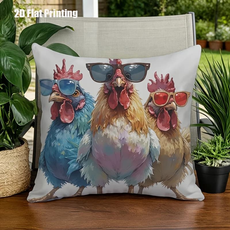 1pc 2D Flat (Pillow Not Included) Cool Chickens Sunglasses Farm Humor Cushion Cover Short Plush Funny Animal Decor Throw Pillow