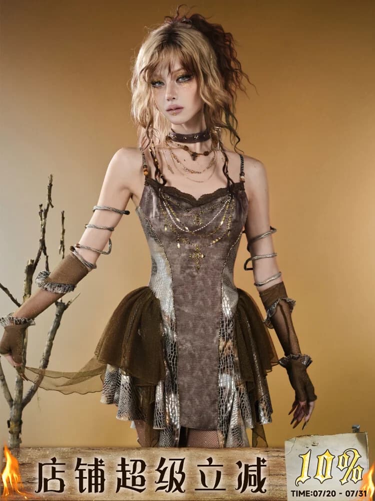 Design originale Retro Hot Girls Sottocultura Wasteland Pelle di serpente Patchwork Abito sottoveste Estate Vagabondage Mini abito sexy sottile