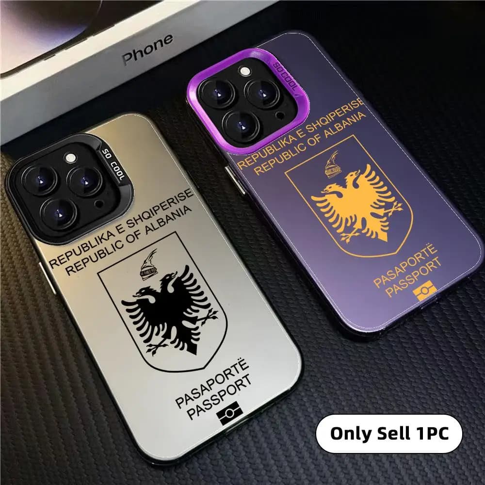 Custodia per iPhone 17 16 15 14 13 12 11 Pro Max con design Passaporto Albanese, Aurora Opaca, Laser, Antiurto, Bumper, Fundas