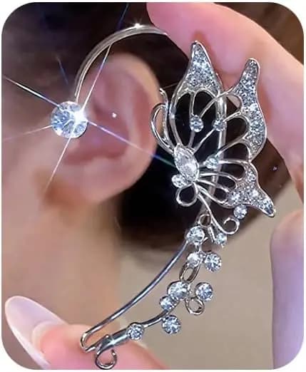2Pcs Rhinestone Butterfly Earrings Ear Cuffs Non-Pierced Fake Earrings Butterfly Climber Wrap Around