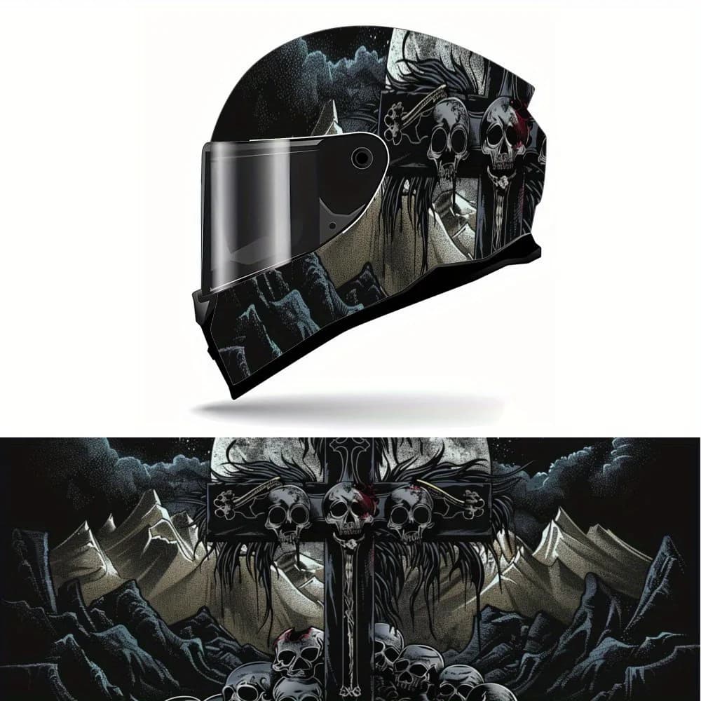 Decalcomania per casco da motociclista con cimitero con teschio a croce strana, decorazione avvolgente in vinile per casco impermeabile autoadesivo, casco universale fai da te