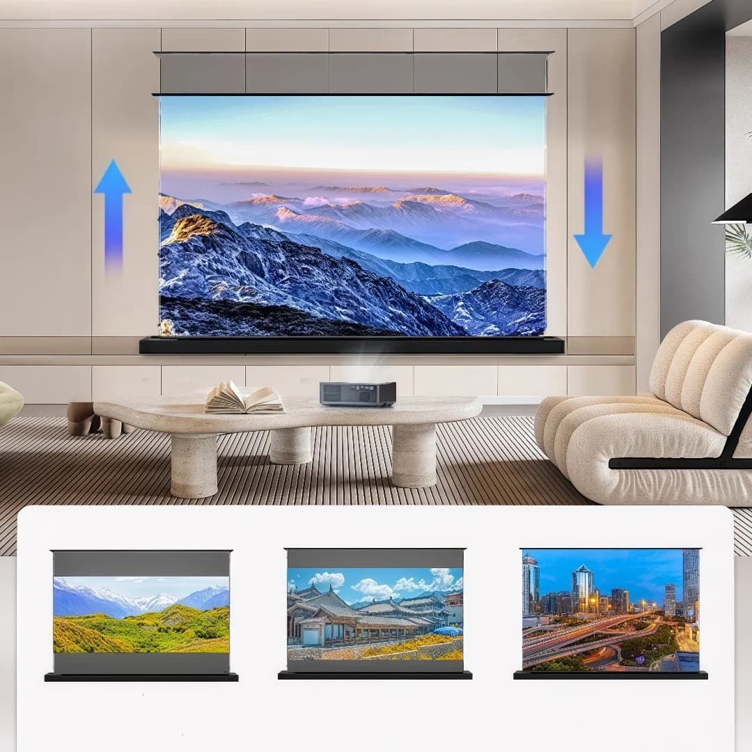133 pollici 150 pollici 16:9HDTV 8K 3D linguetta elettrica schermo per proiettore a montatura del pavimento tensionato con rifiuta di luce ambientale a lancio ultra corto