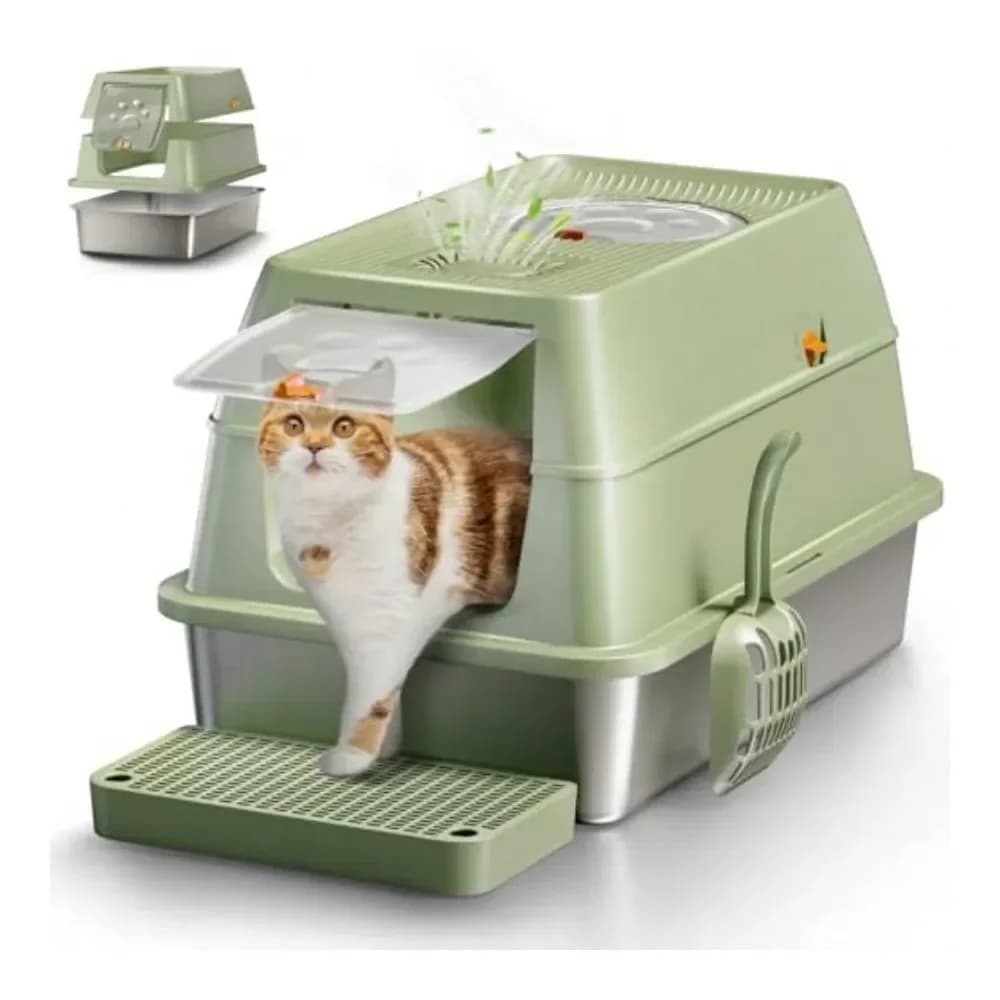 Lettiera per Gatti con Coperchio XL Grande, Chiusa e con Bordi Alti, in Acciaio, con Vassoio Rimovibile