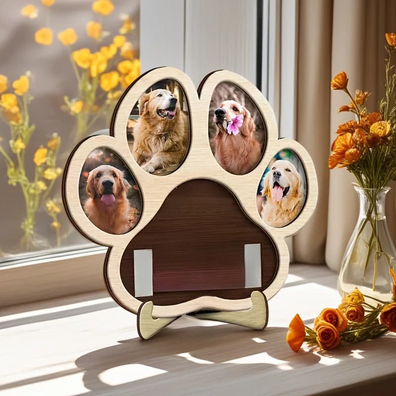 Solid Wood Pet Memorial Paw Photo Frame Display for Dogs Cats Keepsake Picture Collar Harness Holder Living Room Decorative