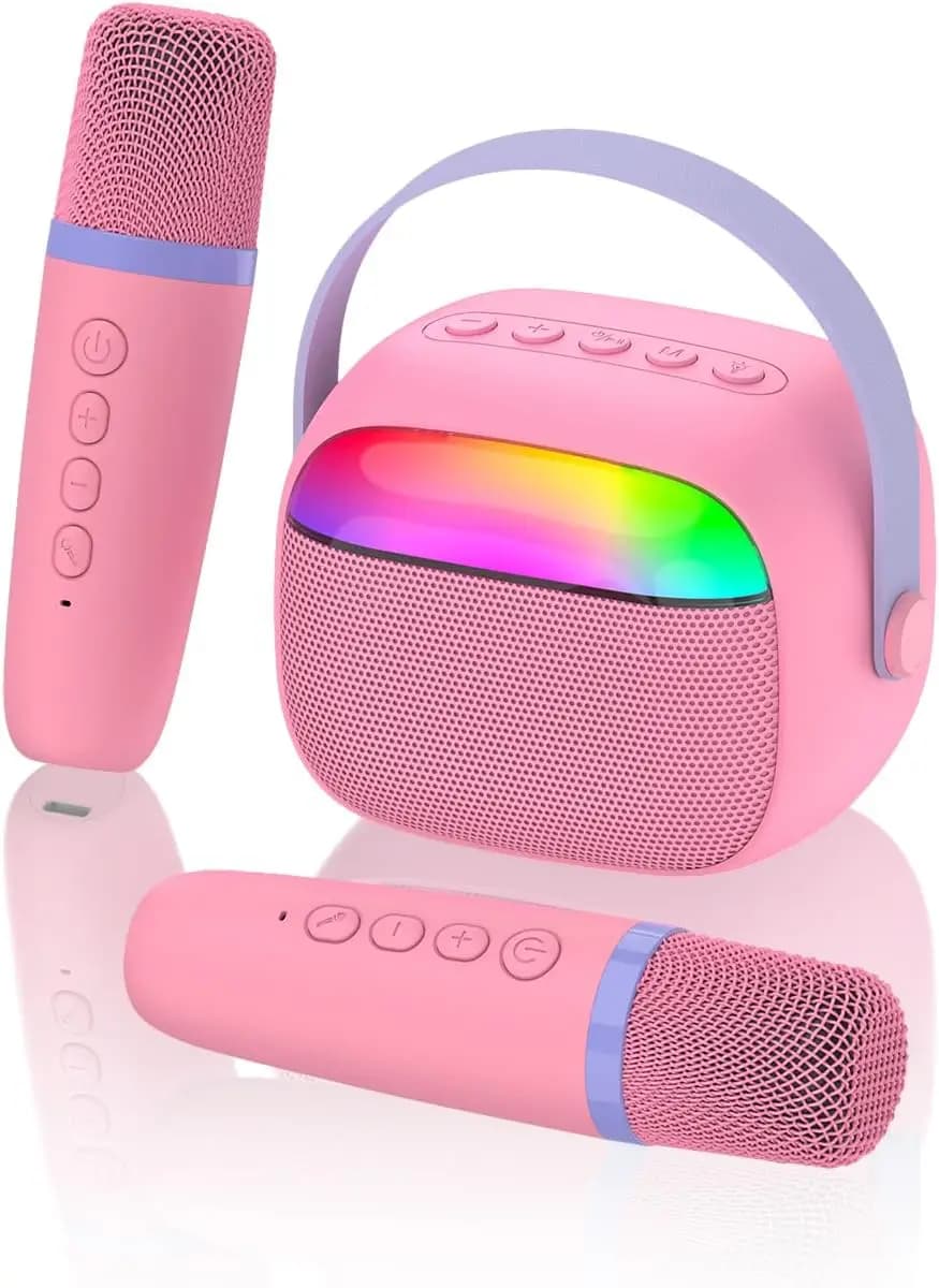 Macchina Karaoke Portatile per Bambini con Microfoni Wireless, Altoparlante Bluetooth, Luci RGB - Regalo di Compleanno per Bambini e Bambine dai 3 agli 8 Anni