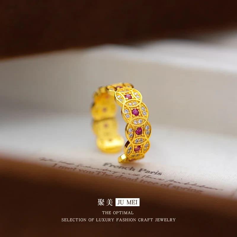 Anello moneta con diamante rosso rosa stile vecchio denaro di lusso leggero in oro vero 9999 24K per anello con moneta in rame con diamante a bocca aperta da donna