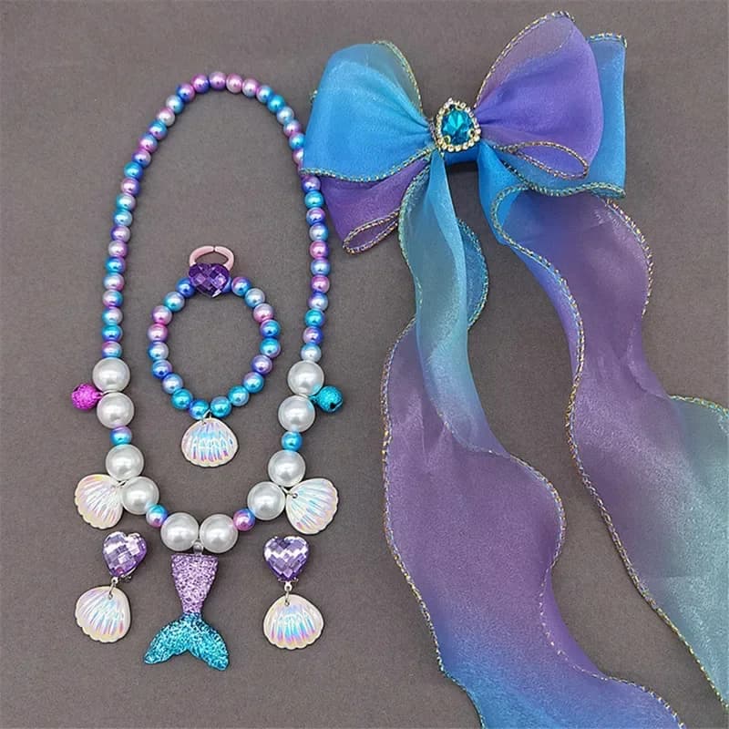 Tema sirena da ragazza Accessori per capelli con paillettes Kit di gioielli a sirena Collana Anello Fermagli per capelli Corda per capelli Cura Gioielli Regalo per bambini