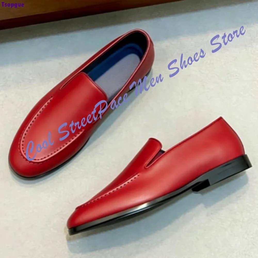 Fashion Bright Red Loafers for Men Solid Color Slip‑on Leather Flat Dress Shoes Party Daily Casual Gentleman Footwear Shoes