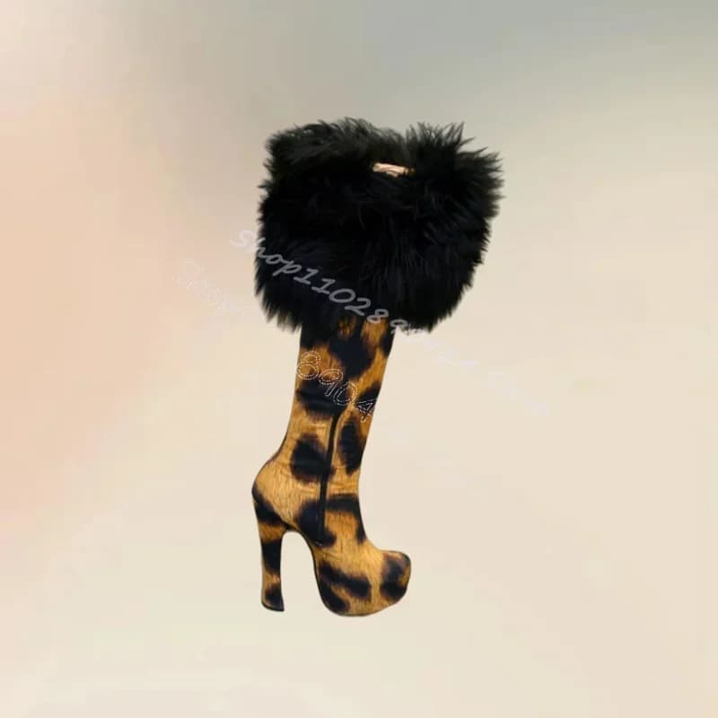 Stivali con plateau e decorazioni in pelliccia nera con stampa leopardata, scarpe da donna slip-on con tacco grosso, alla moda per feste e cerimonie 2024, Zapatos Para Mujeres