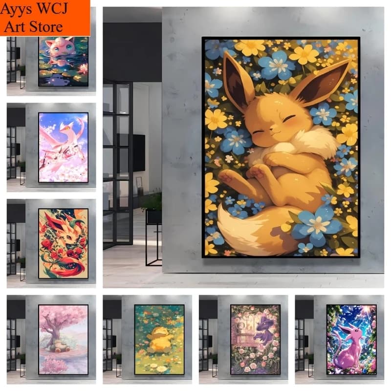 1pc Frameless Canvas Painting Japanese Classic Anime Pokemon Eevee Poster Prints Cute Cartoon Characters Canvas Painting Living